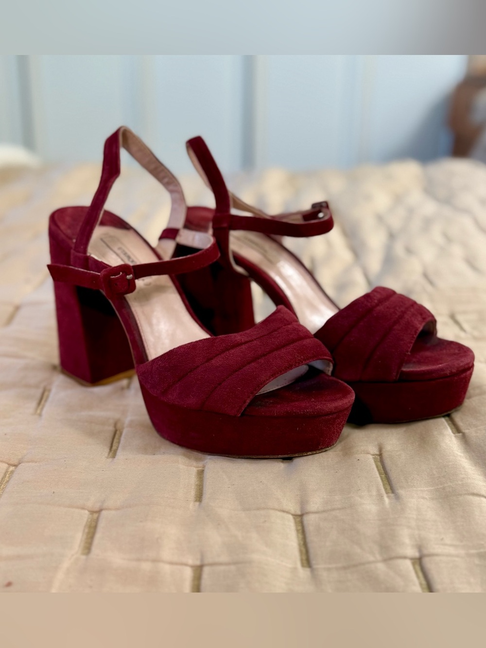 Uterque Women’s Burgundy Suede Platform Block Heel Sandals